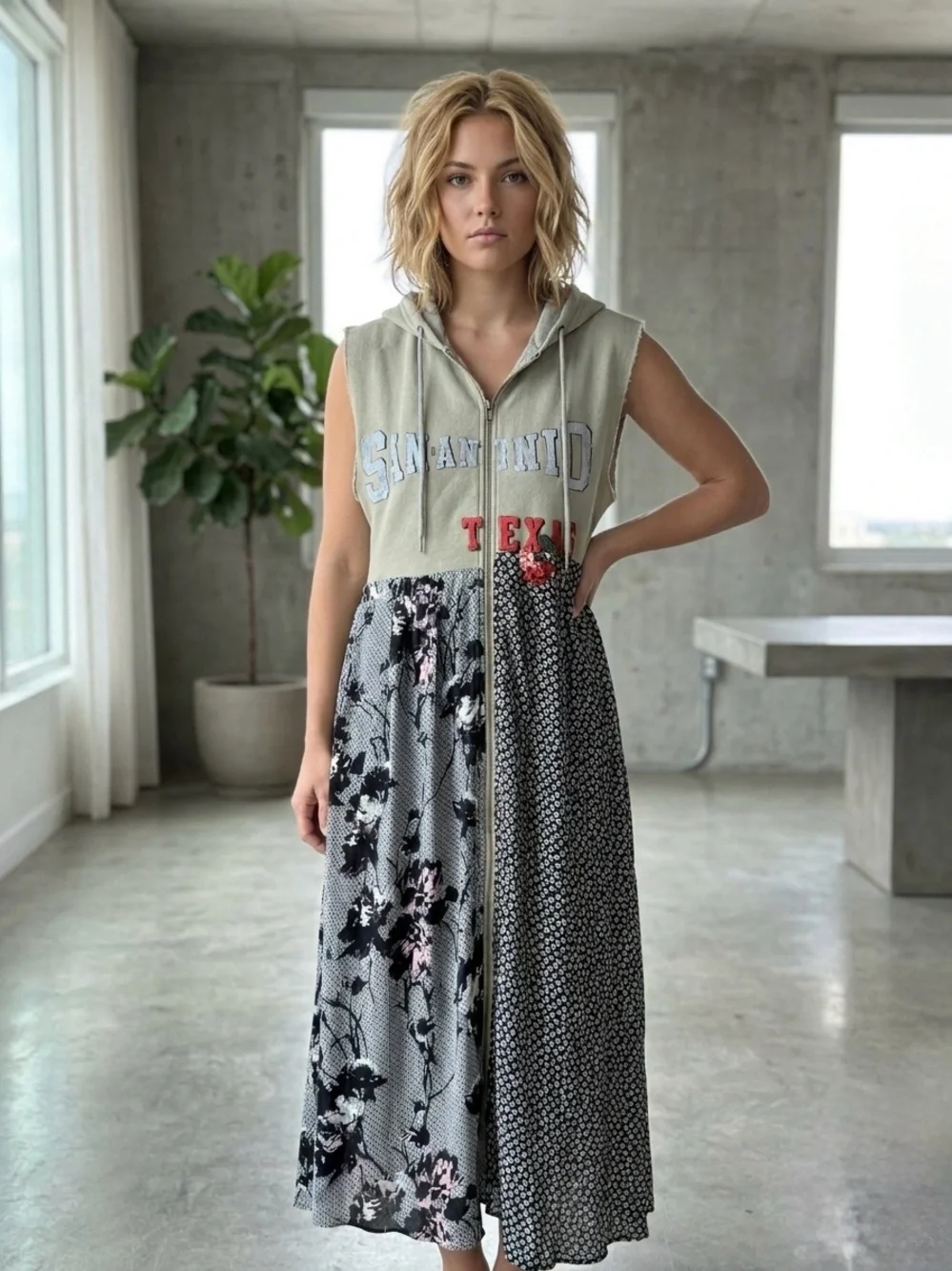 Free People San Antonio Texas Reworked Hoodie Mixed Floral Sleeveless Dress Size